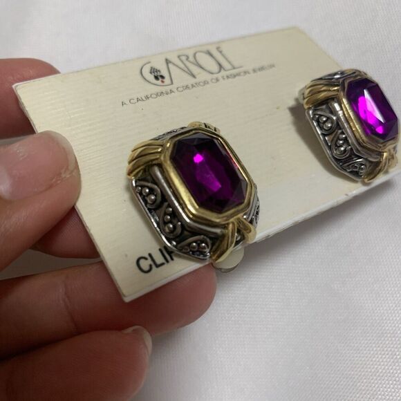 Vintage Carole Two Tones Clip Earrings Designer Jewelry Amethyst Stone - Picture 16 of 16
